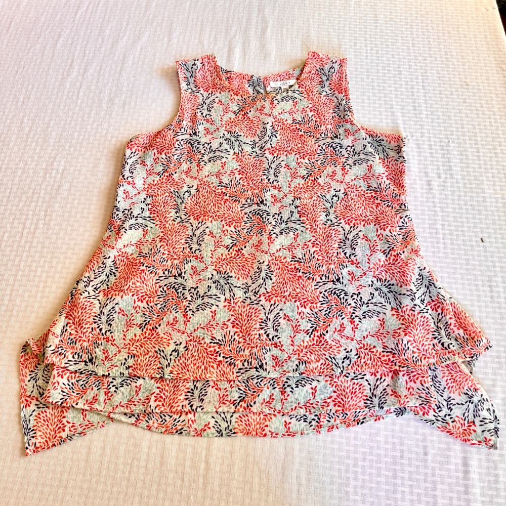 Fever Boho Floral Sleeveless Tunic Sharkbite Hem Blouse Orange Teal Navy XL